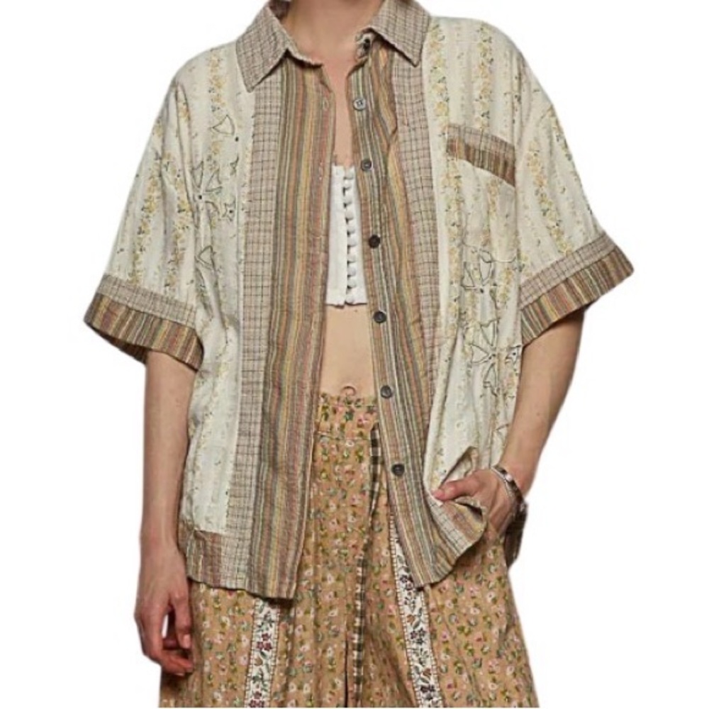 POL Printed Button Down Patchwork Short Sleeve Sh… - image 3